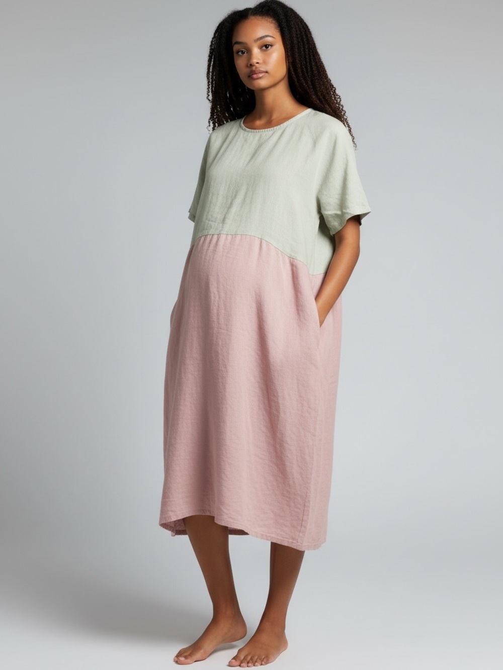 Boutique M Color Block Cream and Blush Pink Relaxed Linen Midi Dress